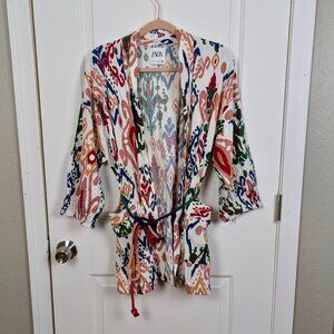 ZARA | Multicolor Ikat Print Kimono Jacket Belted Tassel Tie Size Small